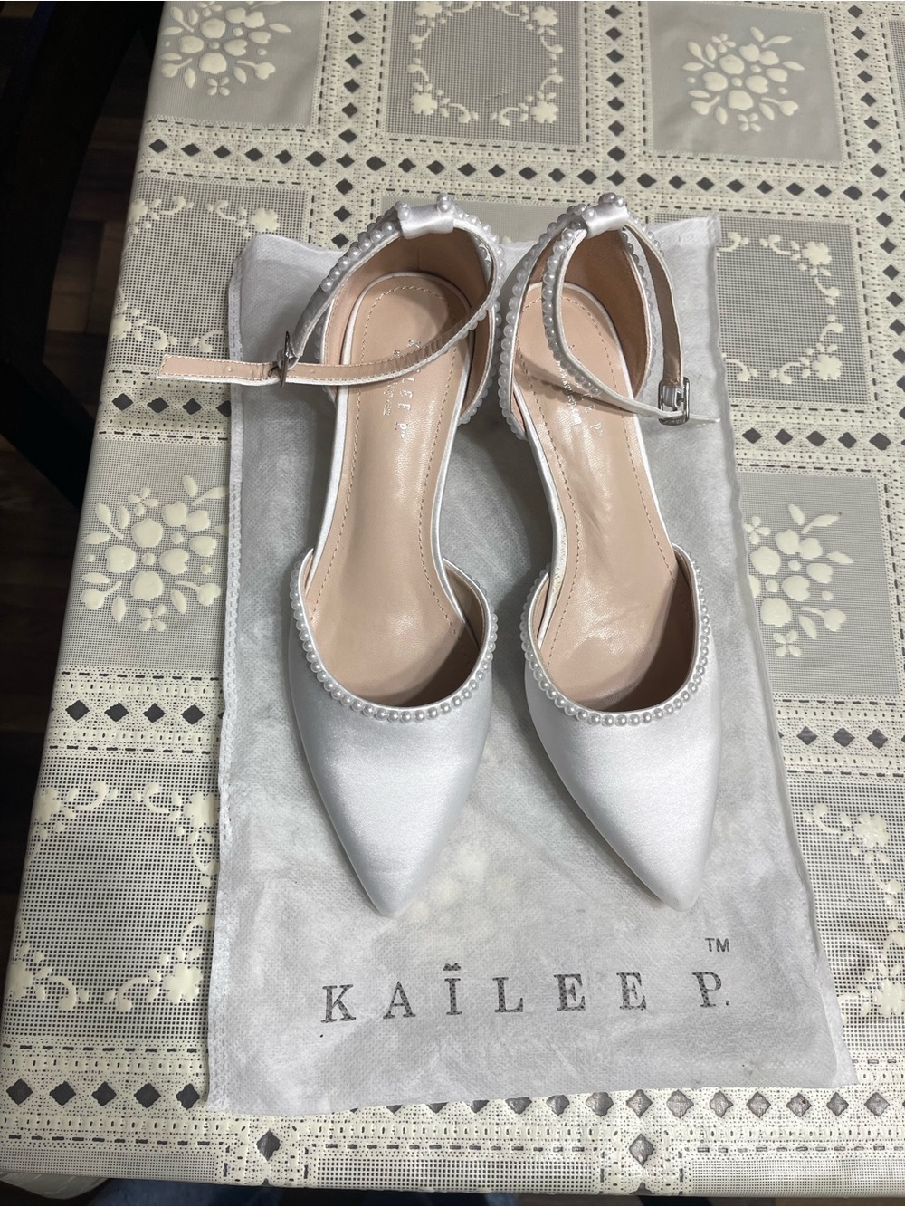 Bridal Satin Pointed Ankle Strap Pumps with Pearl Trim